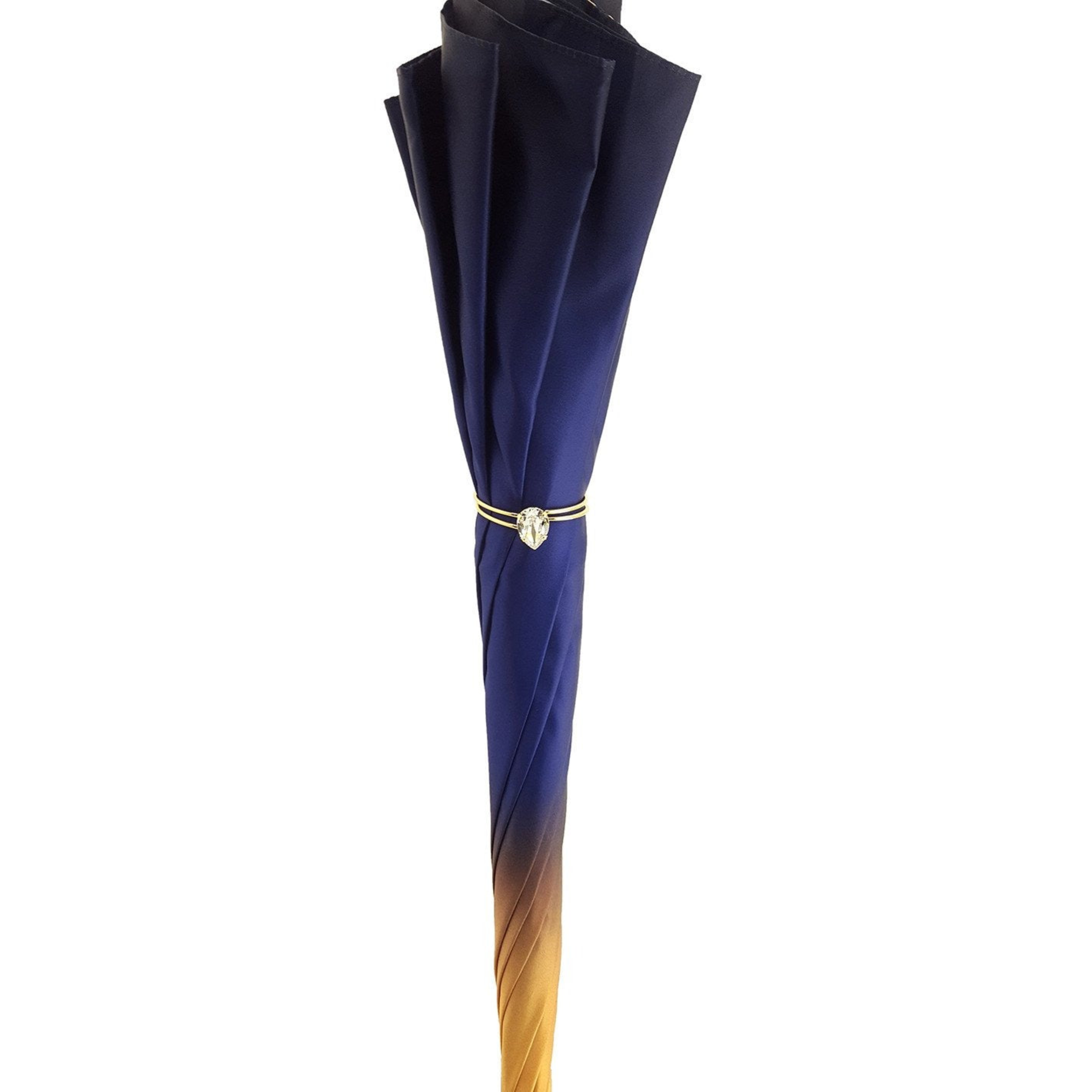Blue satin double canopy luxury rain umbrella with pearl handle by Ilmarchesato, featuring elegant design and sturdy construction.