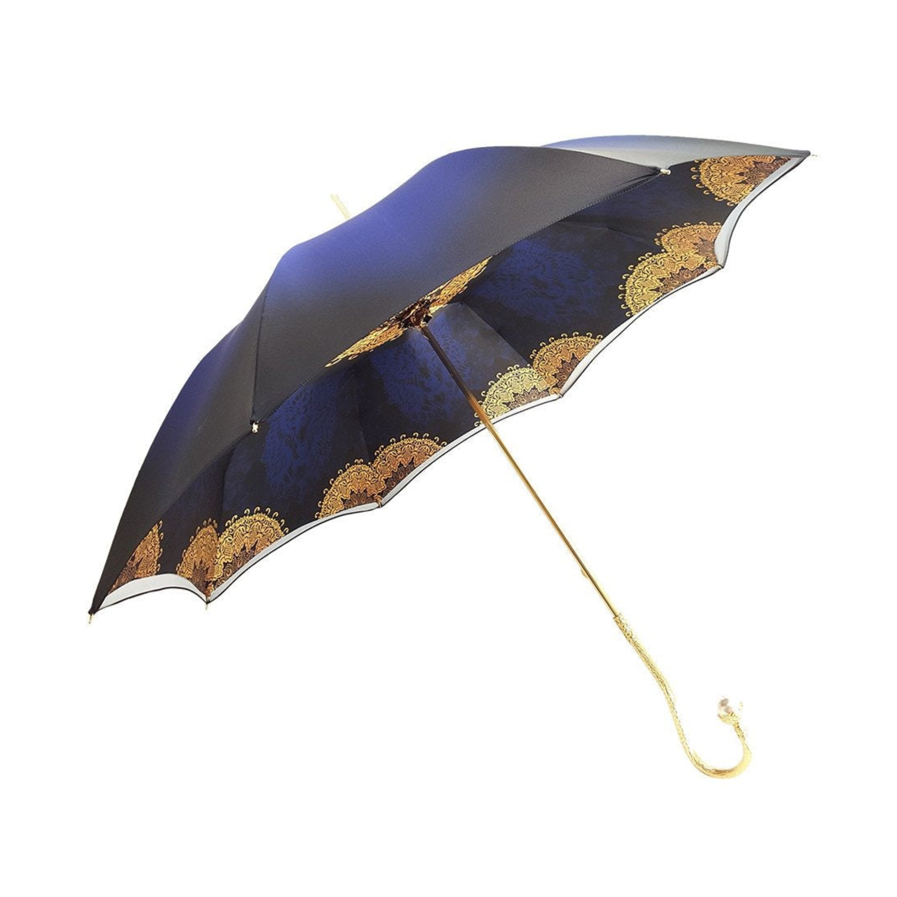 Blue satin double canopy luxury rain umbrella with pearl handle from Ilmarchesato, featuring elegant design and sturdy construction.