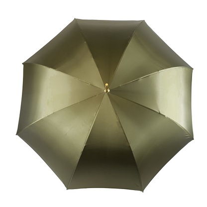 Khaki satin luxury umbrella by Ilmarchesato featuring a crystal medallion handle, ideal for rainy days.
