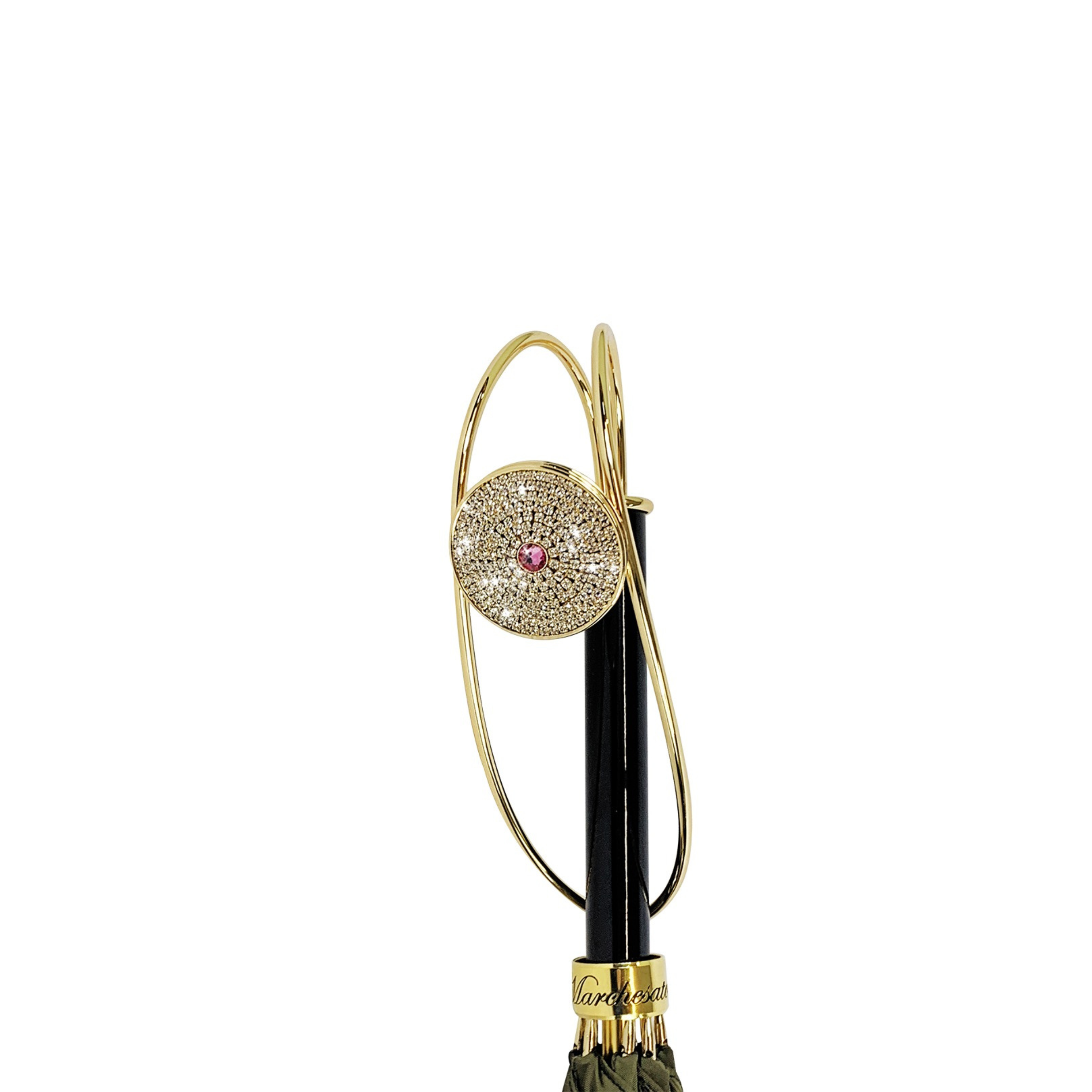 Khaki satin luxury umbrella with a crystal medallion handle by Ilmarchesato, displayed open against a neutral background.