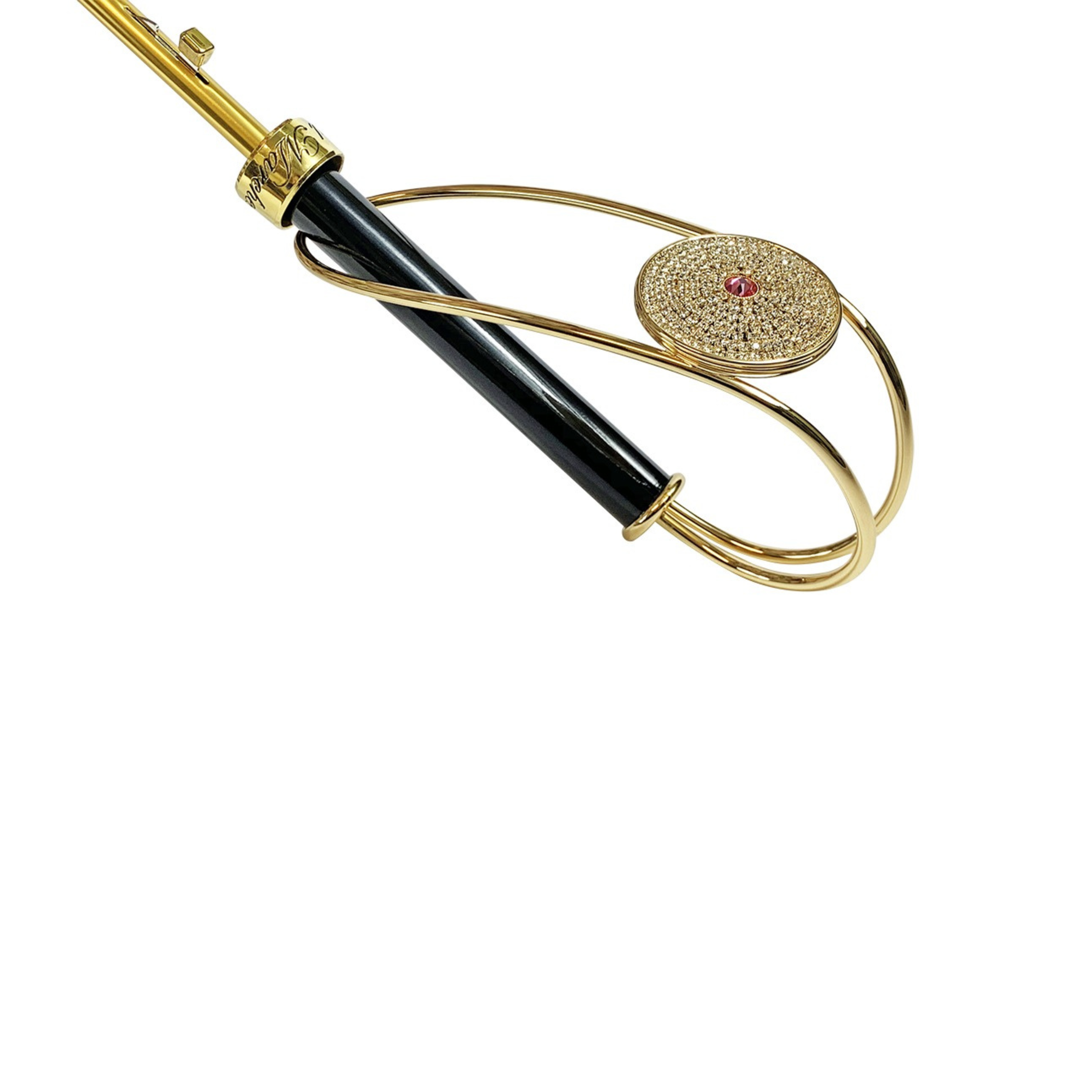 Khaki satin luxury umbrella featuring a crystal medallion handle by Ilmarchesato, open against a neutral background.