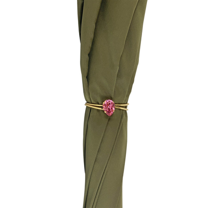 Khaki satin luxury umbrella featuring a crystal medallion handle by Ilmarchesato, elegantly displayed open.