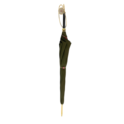 Khaki satin luxury umbrella with a crystal medallion handle, showcasing elegant design and functionality by Ilmarchesato.