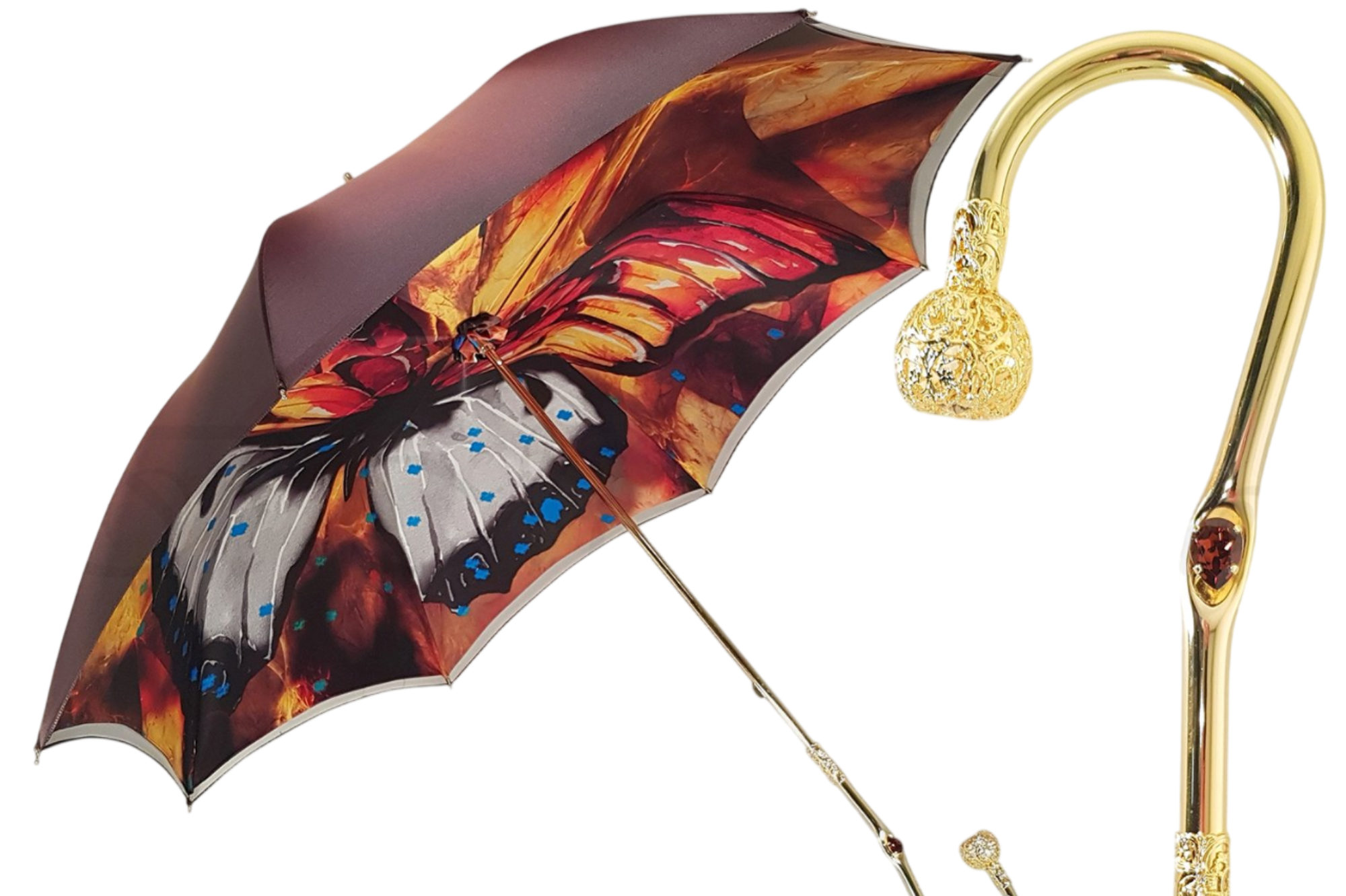 Colorful butterfly double canopy luxury rain umbrella for women by Ilmarchesato, featuring vibrant floral patterns and sturdy design.