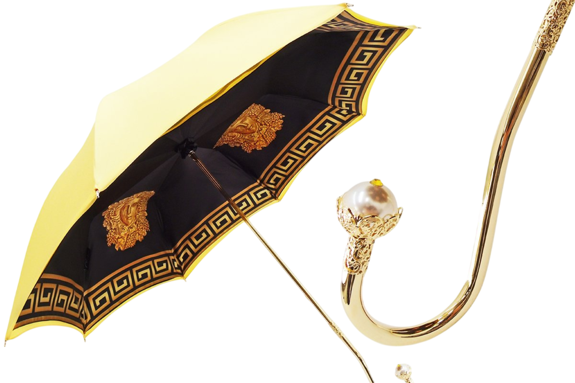 Yellow double canopy luxury umbrella by Ilmarchesato featuring a pearl and Swarovski handle, open against a neutral background.