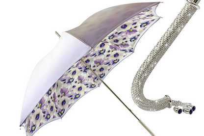 Premium handmade Ilmarchesato sparkling lilac umbrella featuring vibrant anemones on a rainy day backdrop.