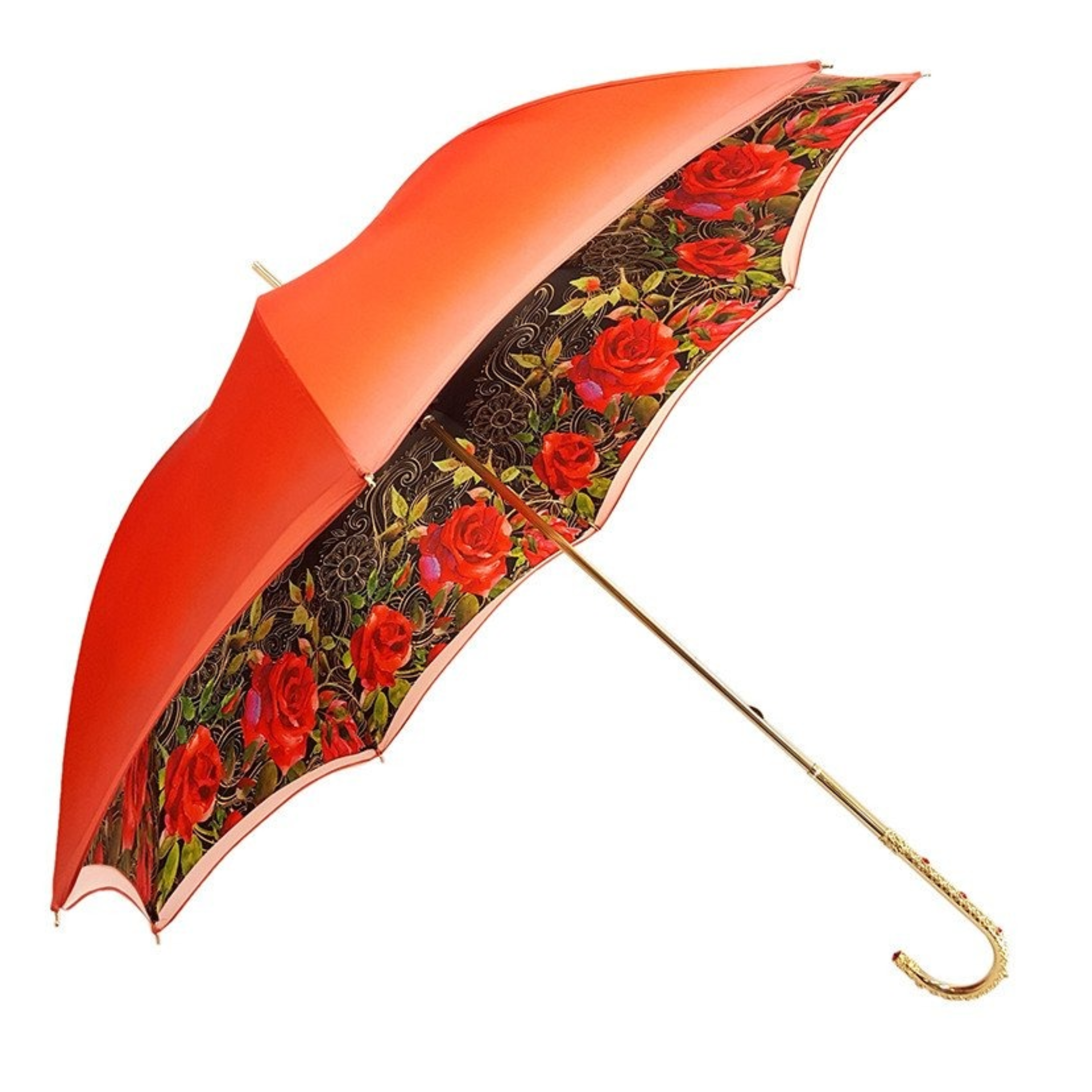 Orange floral double canopy umbrella by Ilmarchesato, showcasing a luxurious ladies design with vibrant patterns.