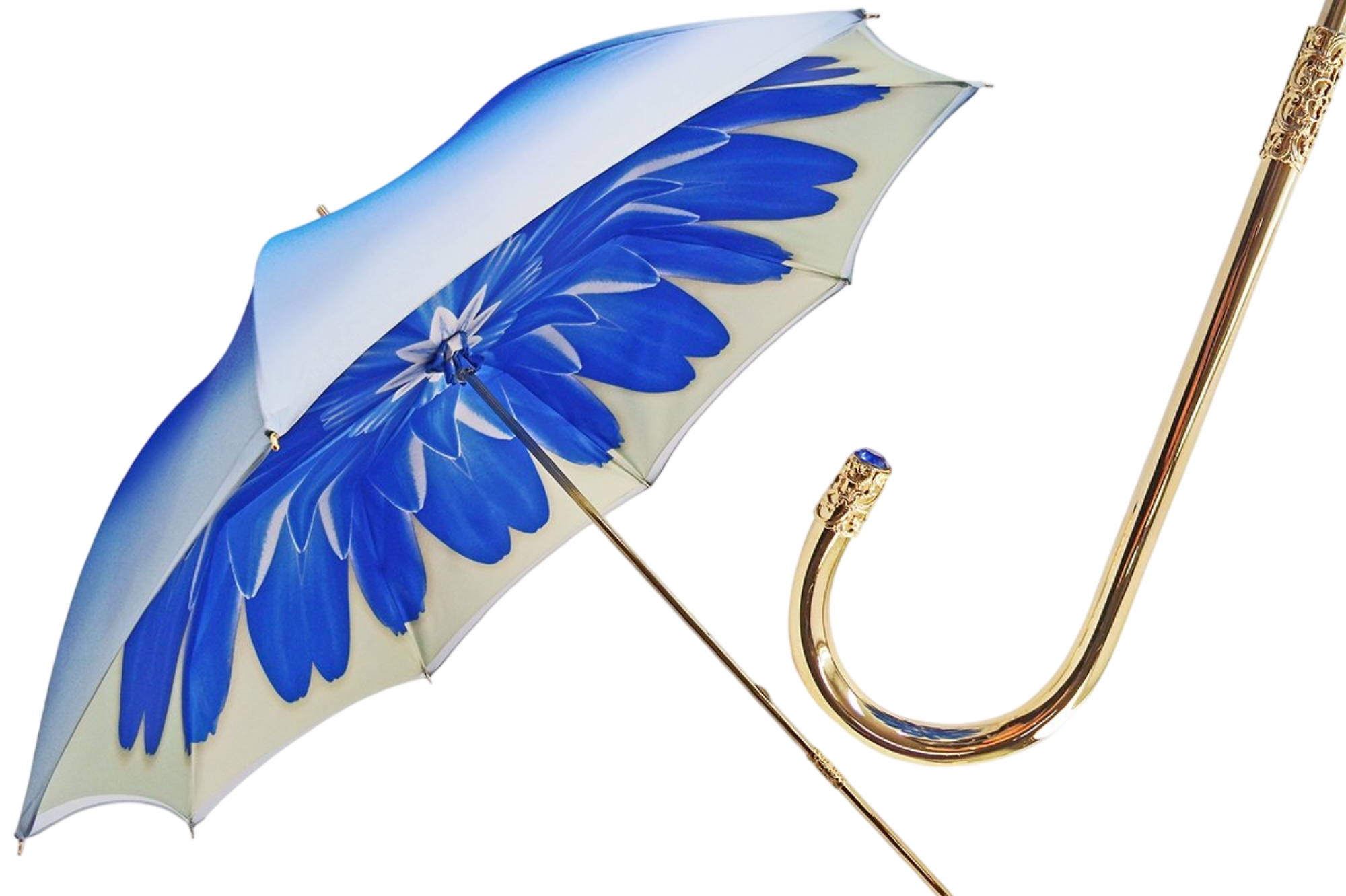 Ilmarchesato Designer Blue Dahlia double canopy luxury ladies umbrella with elegant floral design and sturdy handle.