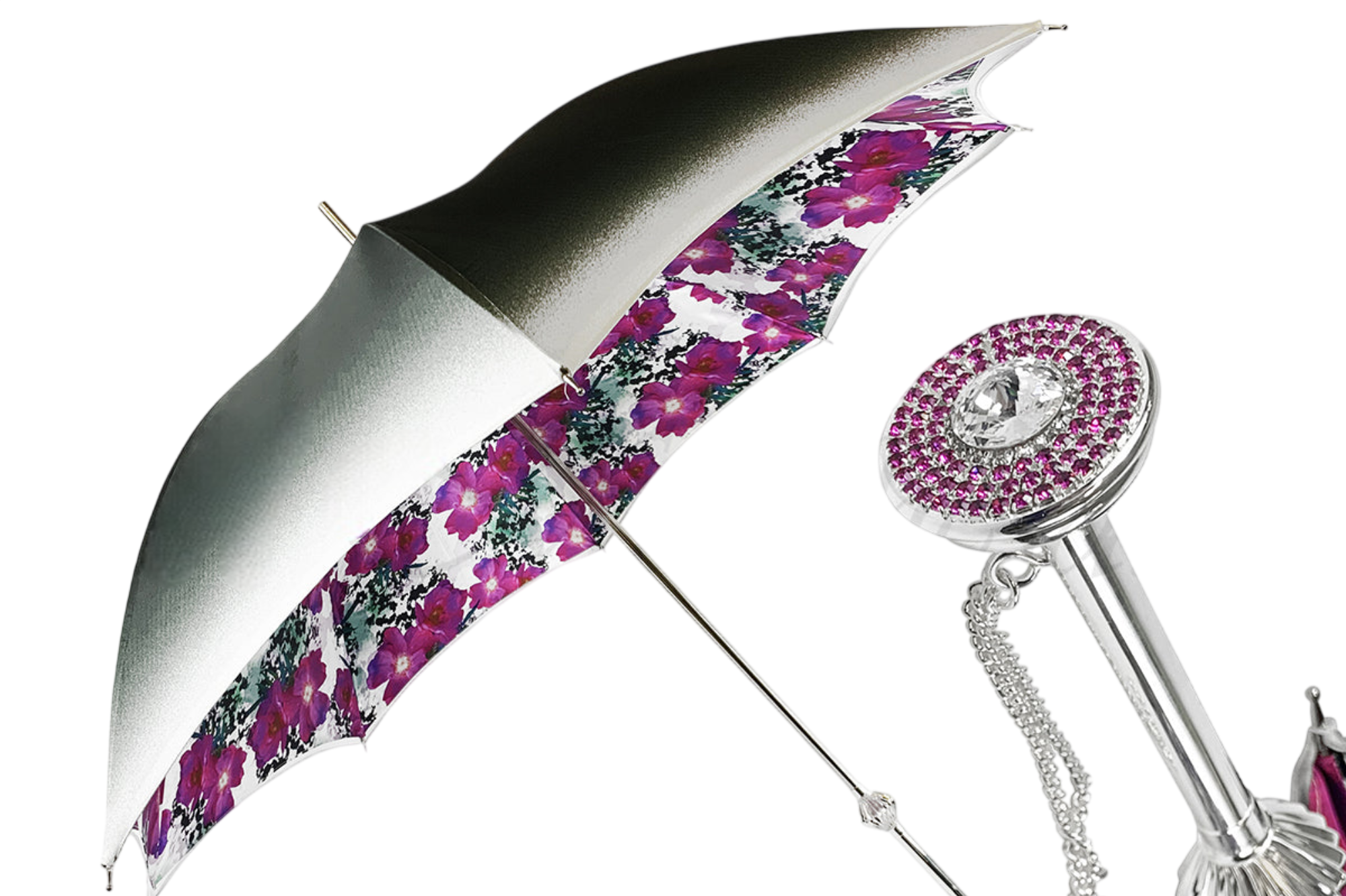 Exclusive Ilmarchesato silvered umbrella adorned with anemones and fuchsia crystals, showcasing a floral design.