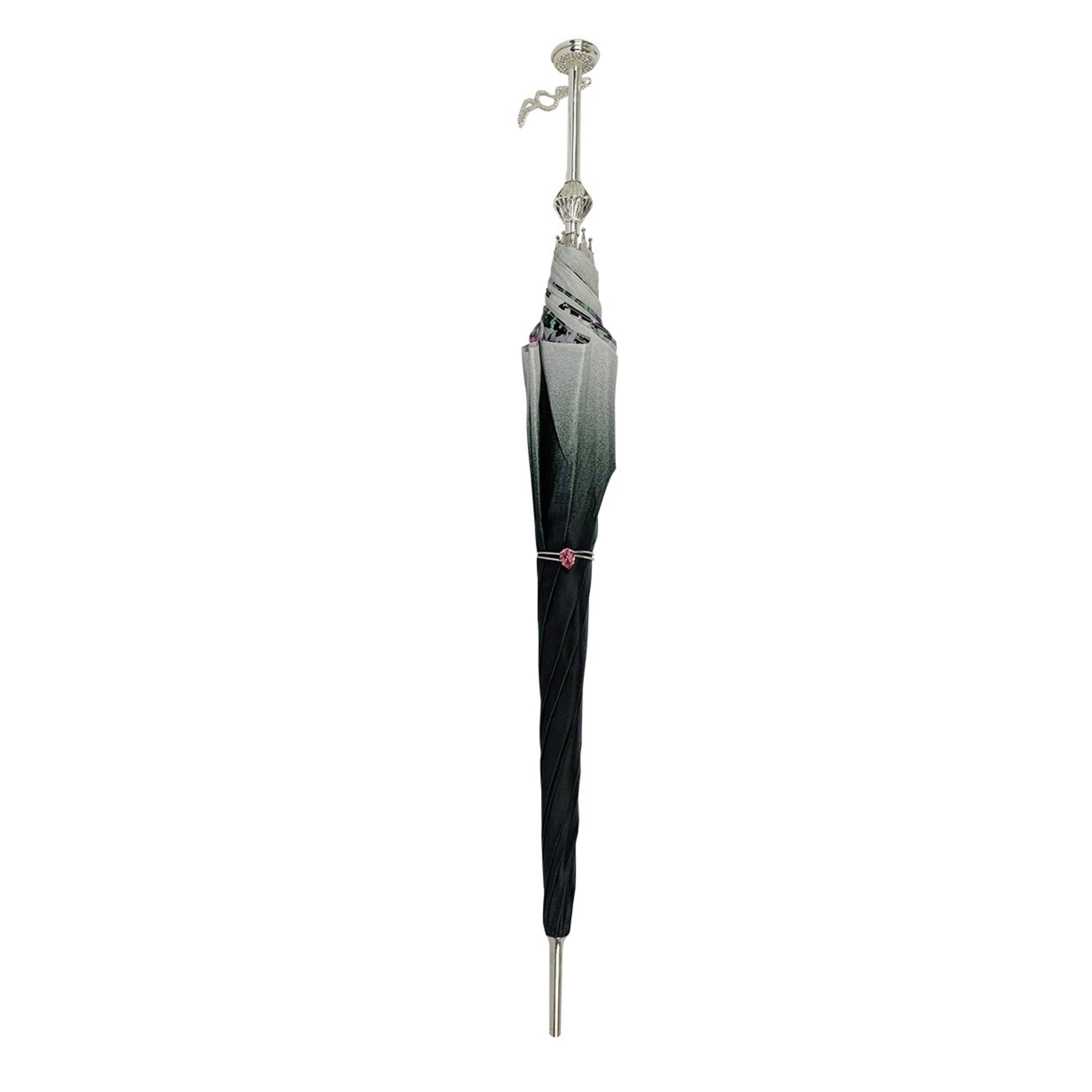 Exclusive Ilmarchesato silvered umbrella featuring vibrant anemones and fuchsia crystals, perfect for rainy days.