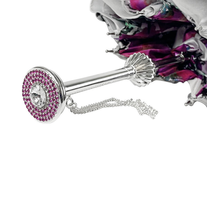 Ilmarchesato silvered rain umbrella adorned with anemones and fuchsia crystals, showcasing intricate floral design.