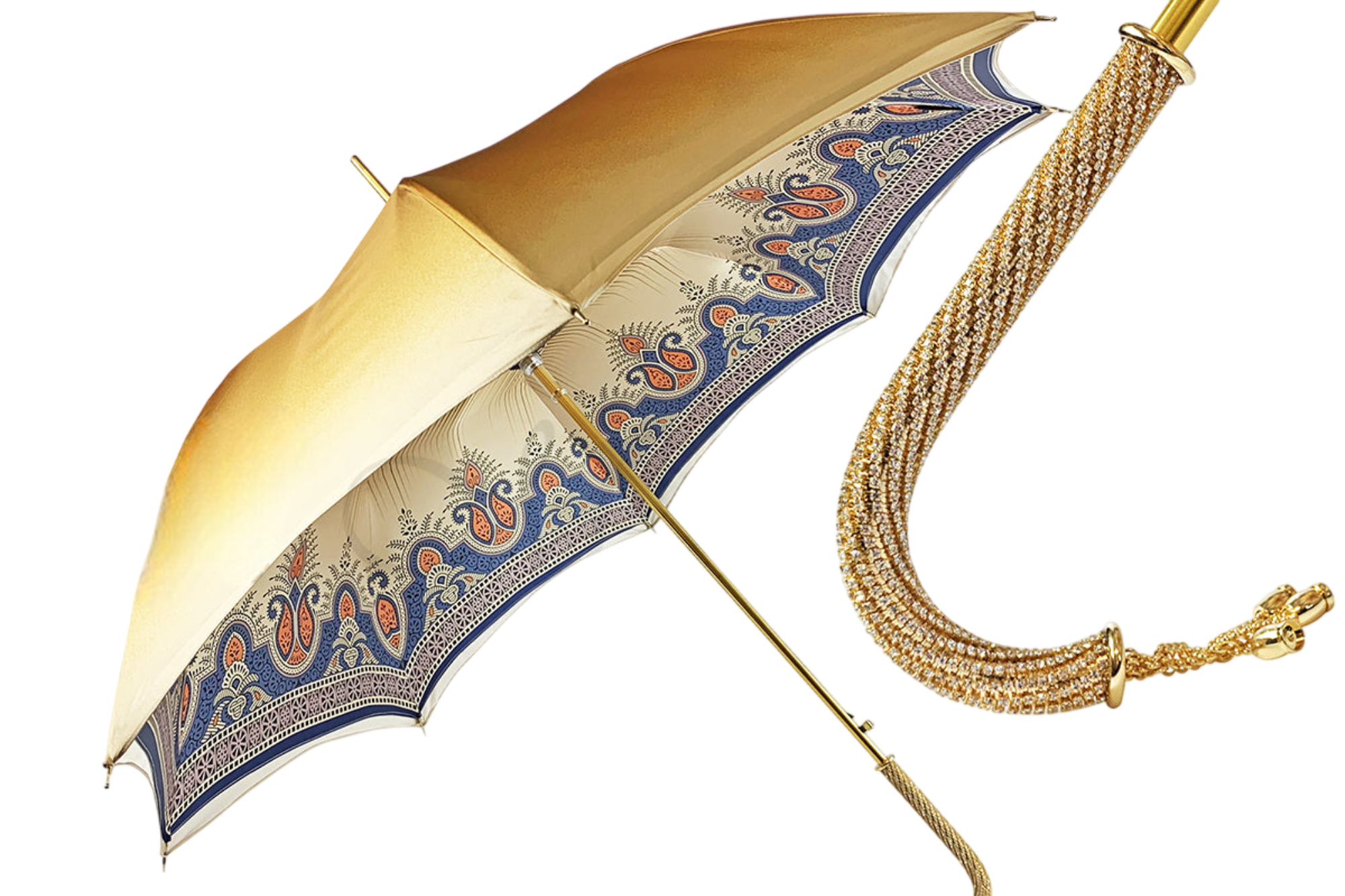 Luxury golden ladies umbrella by Ilmarchesato featuring ornamental Arabic design against a neutral background.