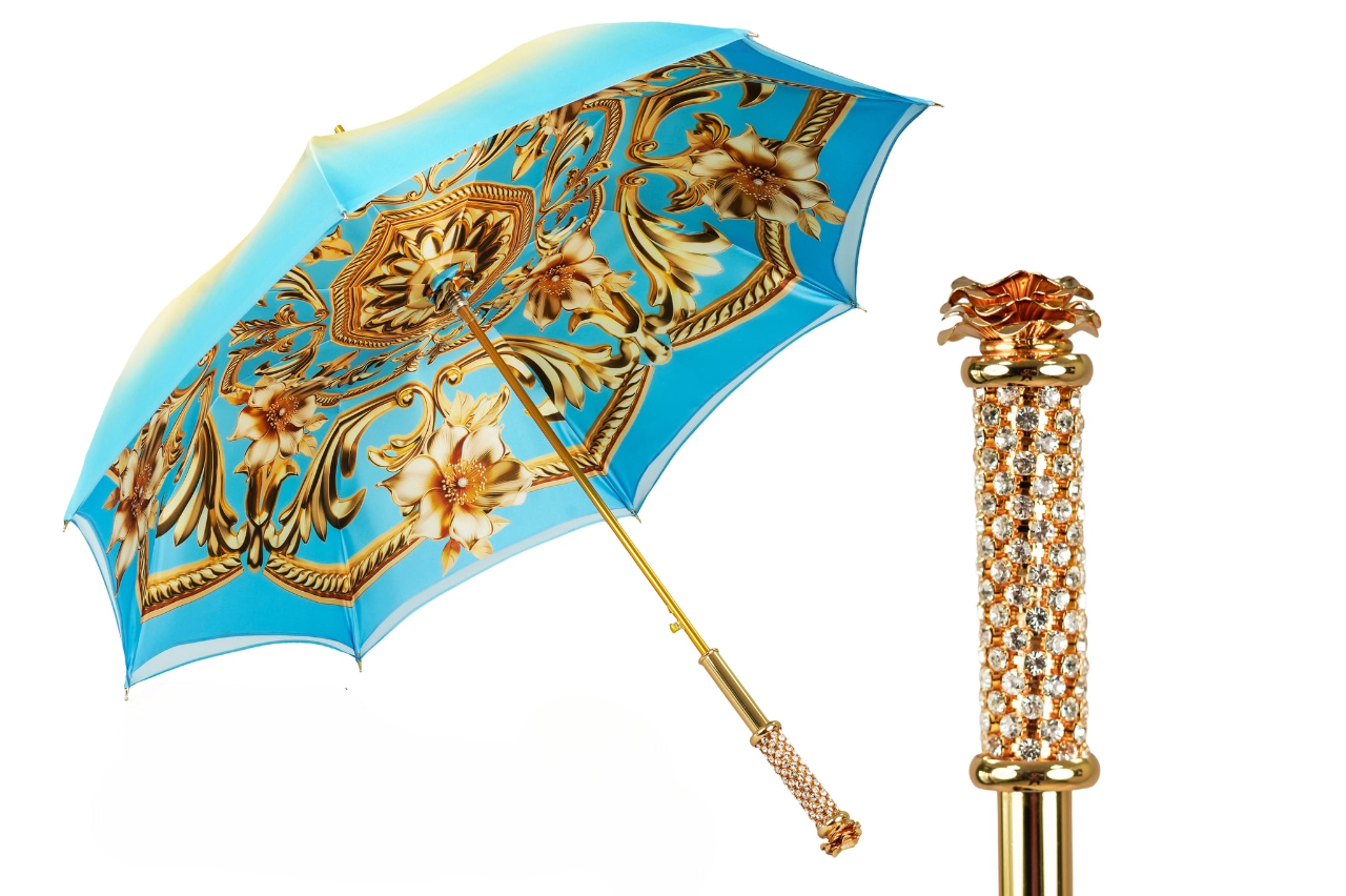Royal Azure luxury umbrella by Ilmarchesato, showcasing intricate design and vibrant blue color against a neutral background.