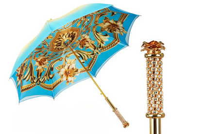 Royal Azure luxury umbrella by Ilmarchesato, showcasing intricate design and vibrant blue color against a neutral background.