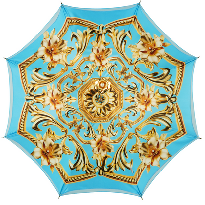 Royal Azure Limited Edition Luxury Umbrella by Ilmarchesato, showcasing intricate design and vibrant blue color.