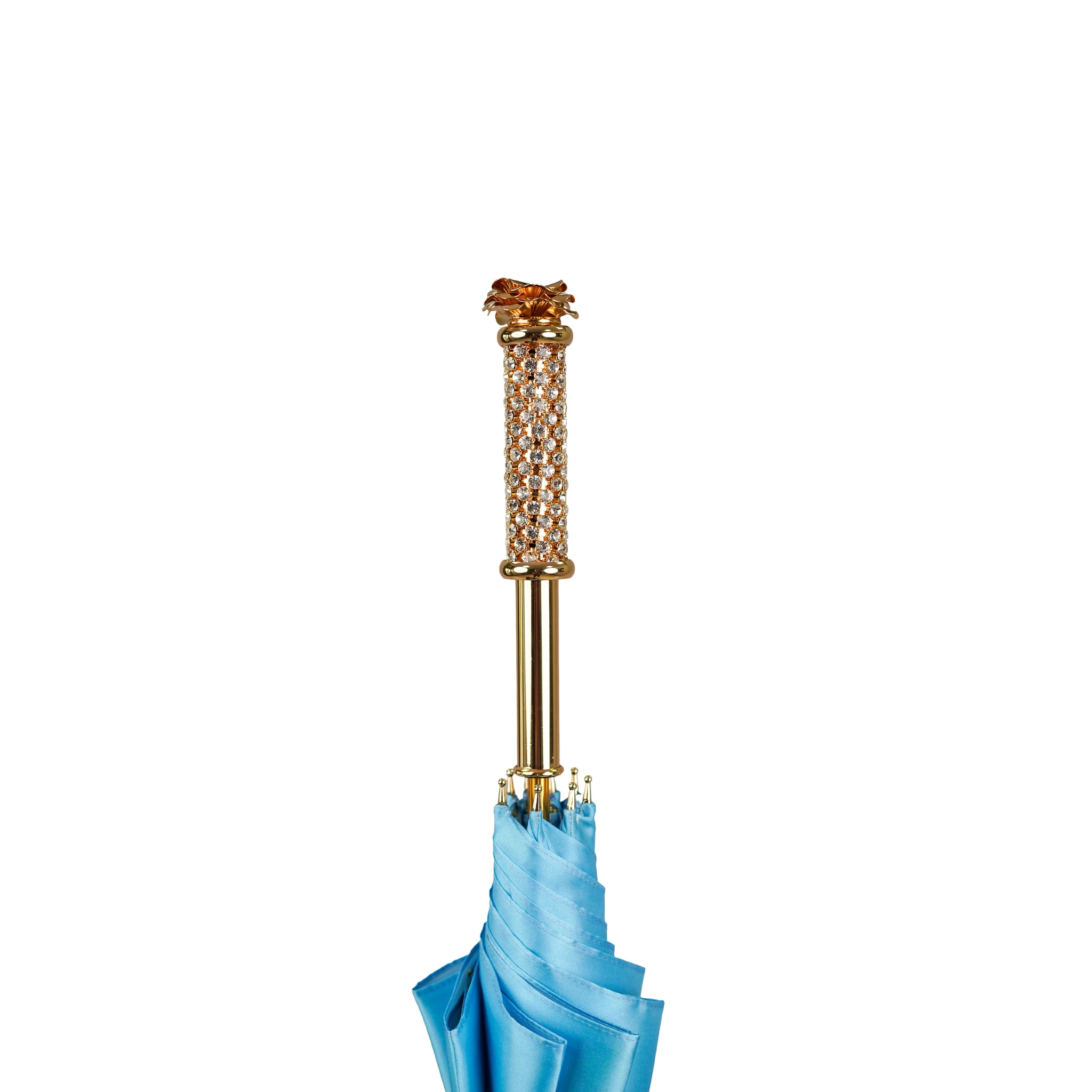 Royal Azure luxury umbrella by Ilmarchesato, showcasing intricate design and vibrant blue color against a neutral background.