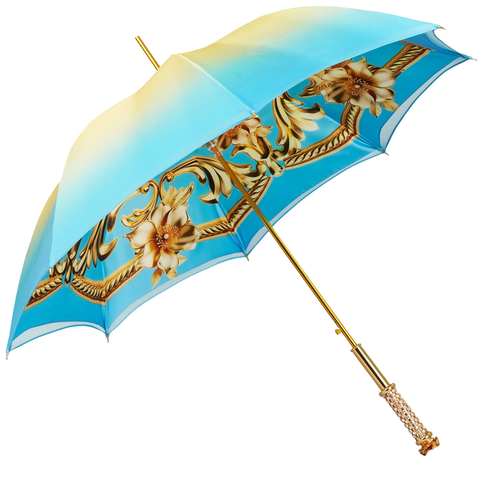 Royal Azure luxury umbrella by Ilmarchesato, featuring a striking design by Debbie Wingham against a rainy backdrop.