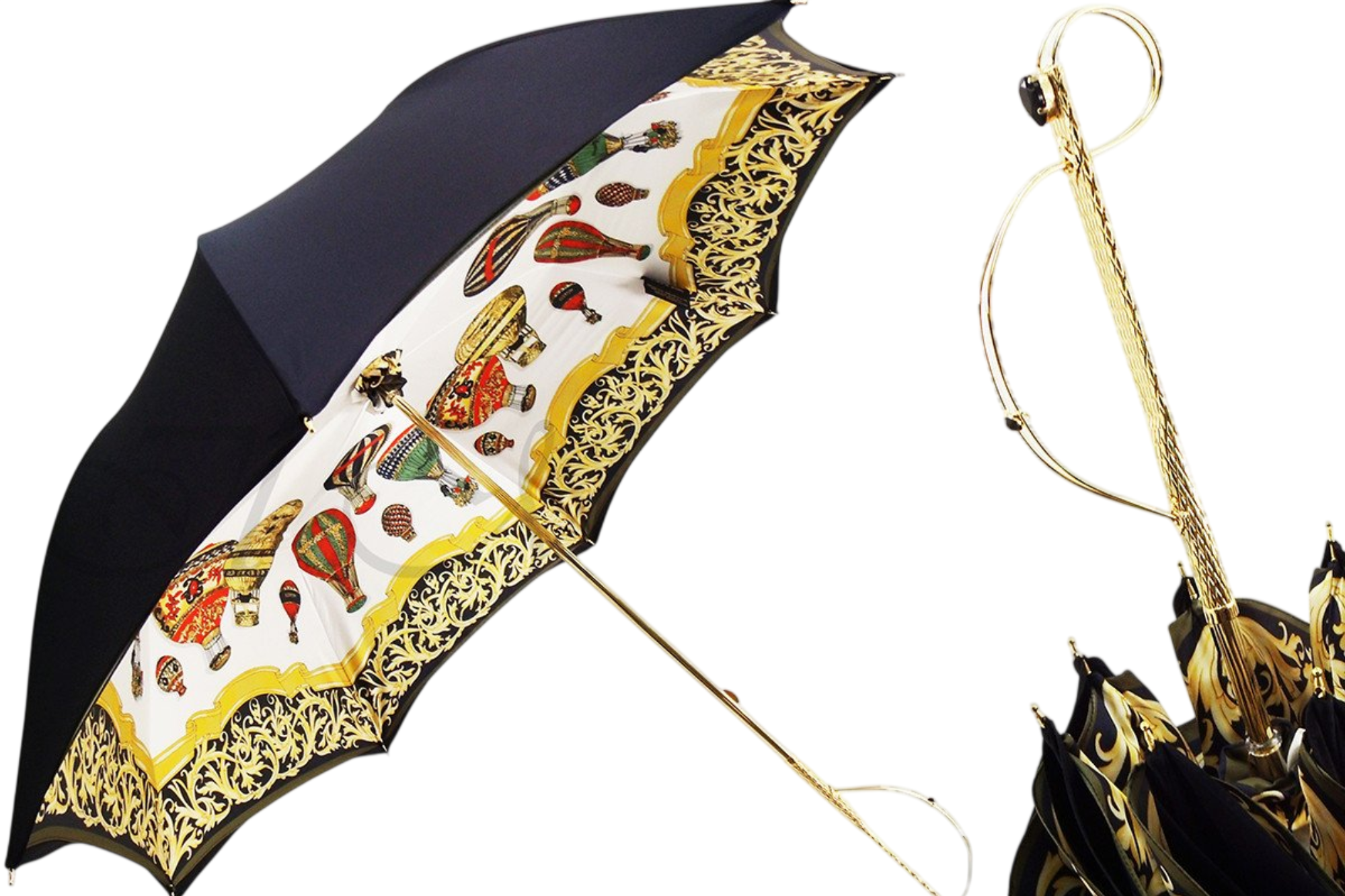 Luxury Ilmarchesato double canopy ladies umbrella featuring exclusive balloon art design, open and displayed outdoors.
