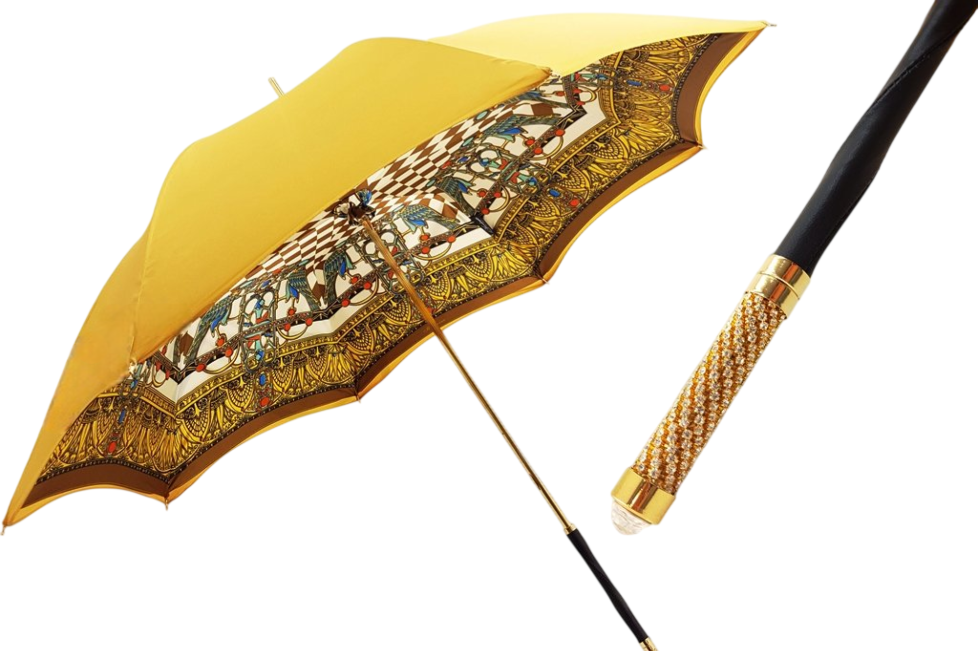 Luxury Egyptian-inspired double canopy umbrella for women by Ilmarchesato, showcasing intricate design and elegant colors.
