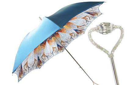 Light blue Ilmarchesato luxury umbrella featuring abstract marine art design against a white background.