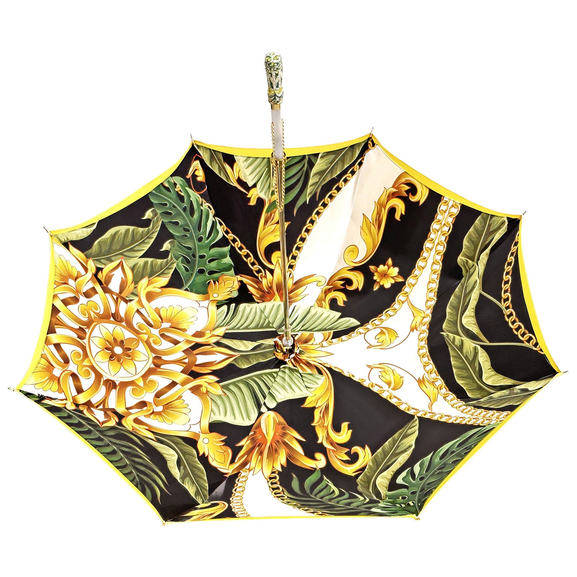 Yellow gold luxury umbrella by Ilmarchesato featuring a hand-enameled crystal handle, elegant design for rainy days.