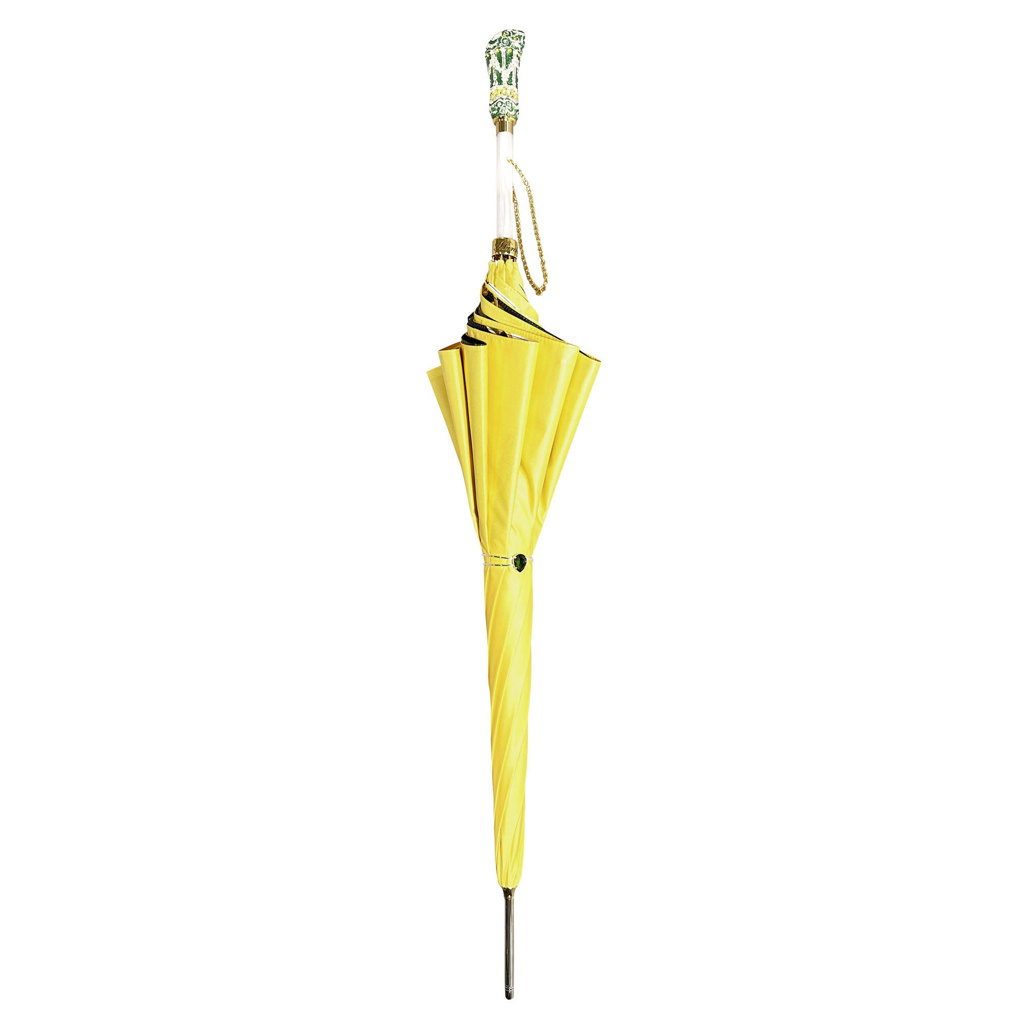 Yellow gold luxury umbrella by Ilmarchesato featuring a hand-enameled crystal handle, elegantly open against a neutral background.