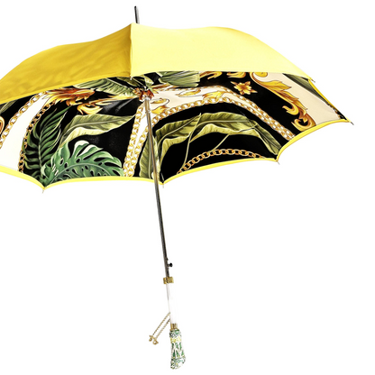 Yellow gold luxury rain umbrella with hand-enameled crystal handle by Ilmarchesato, showcasing elegant design and craftsmanship.