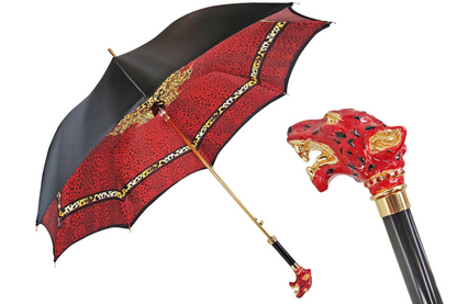 Red leopard print luxury umbrella by Ilmarchesato featuring a sparkling Swarovski crystal handle.