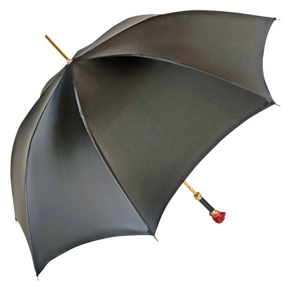 Red leopard print luxury umbrella with a sparkling Swarovski crystal handle by Ilmarchesato, displayed open against a neutral background.