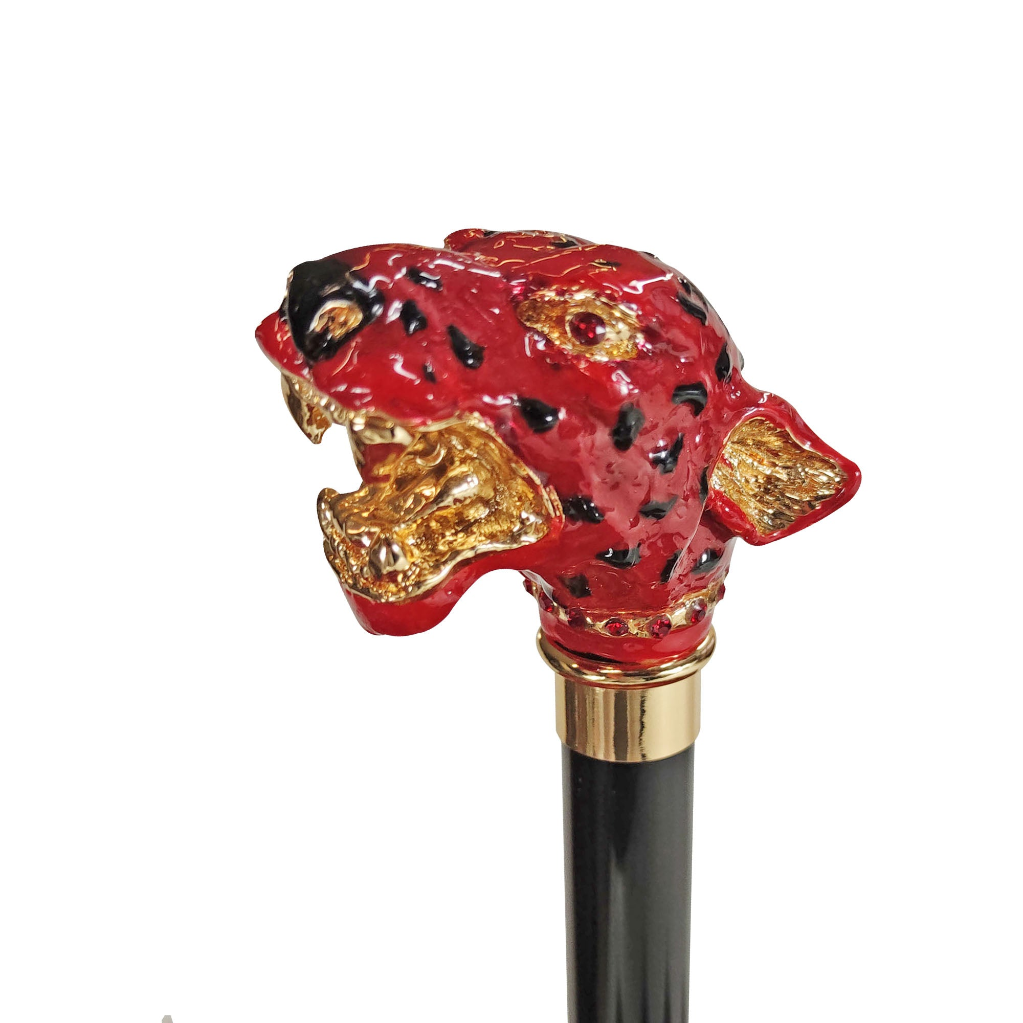 Red leopard print luxury umbrella with a Swarovski crystal handle by Ilmarchesato, showcasing its elegant design.