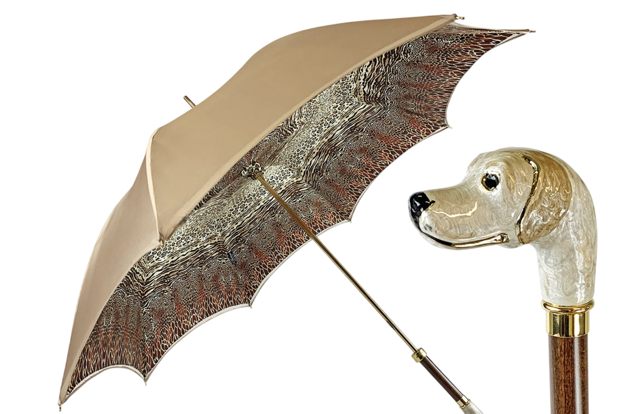 Animalier-inspired luxury rain umbrella with hand-enamelled dog handle, featuring animal print fabric and elegant design.