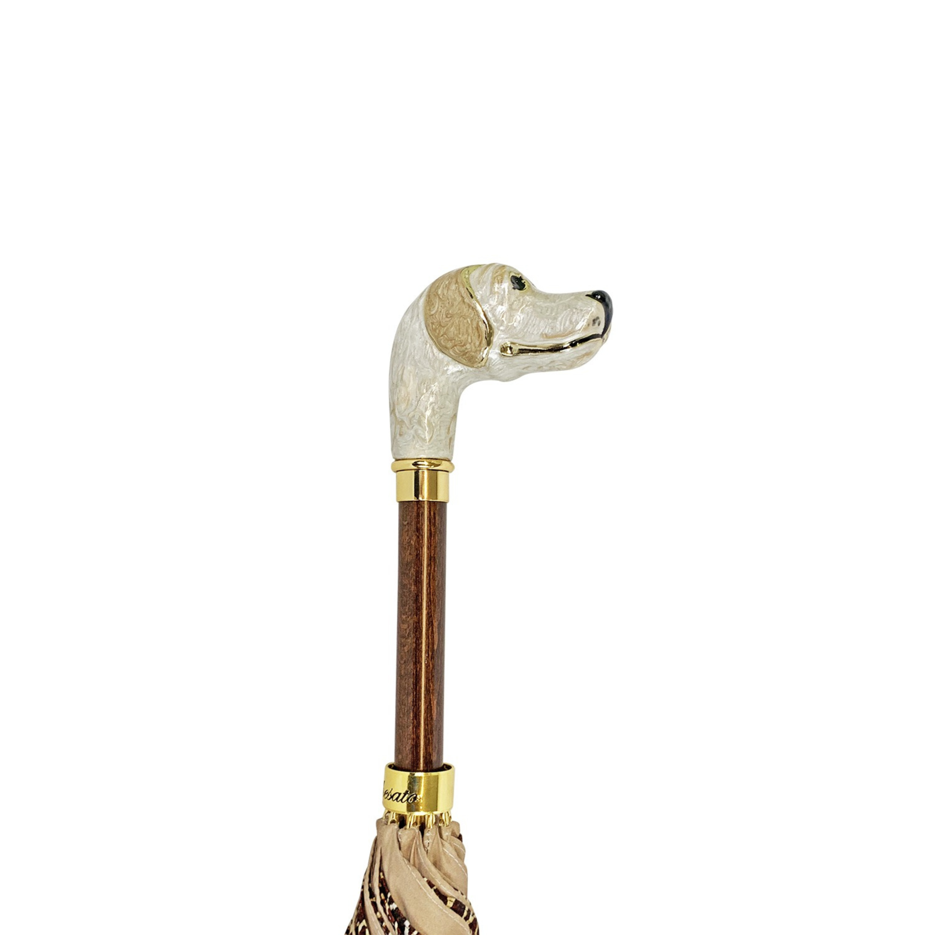 Ilmarchesato animalier-inspired luxury rain umbrella featuring a hand-enamelled dog handle and patterned fabric.