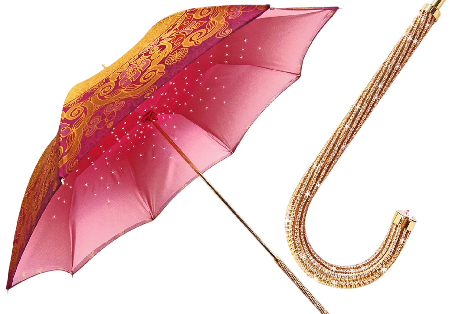 Handcrafted luxury Ilmarchesato jewel umbrella for women adorned with sparkling Swarovski crystals.