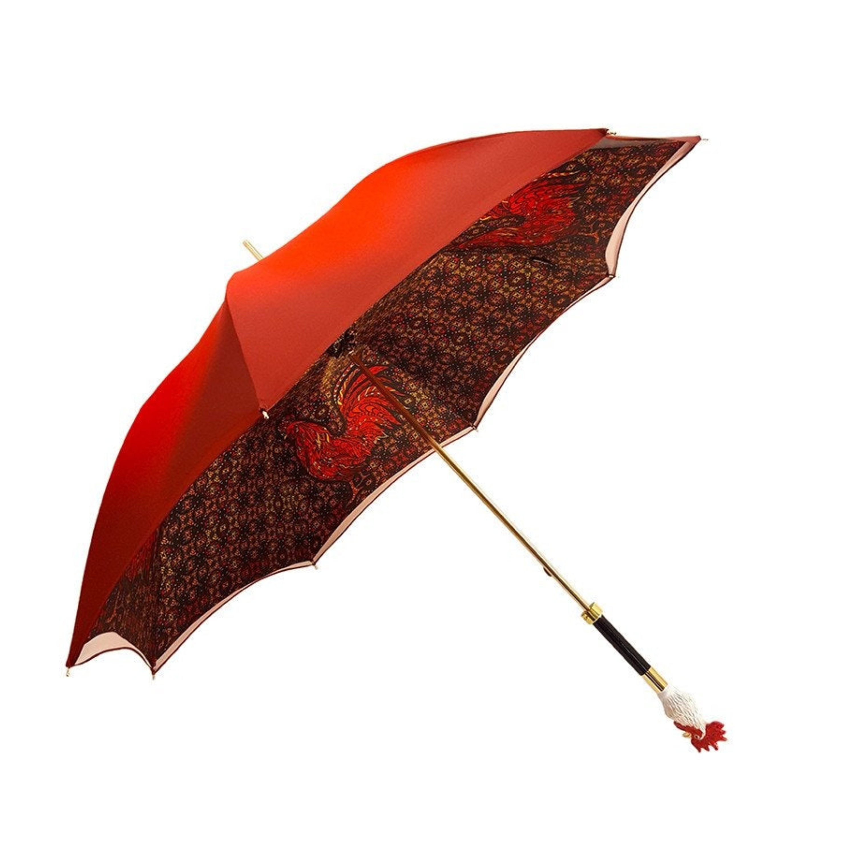 Luxury red rooster-themed umbrella for women by Ilmarchesato, showcasing a stylish design and durable construction.