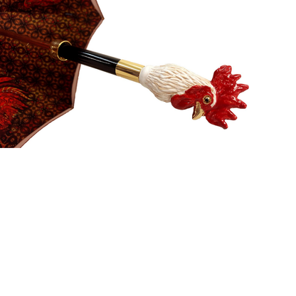 Luxury red rooster-themed umbrella for women by Ilmarchesato, showcasing a vibrant design against a white background.