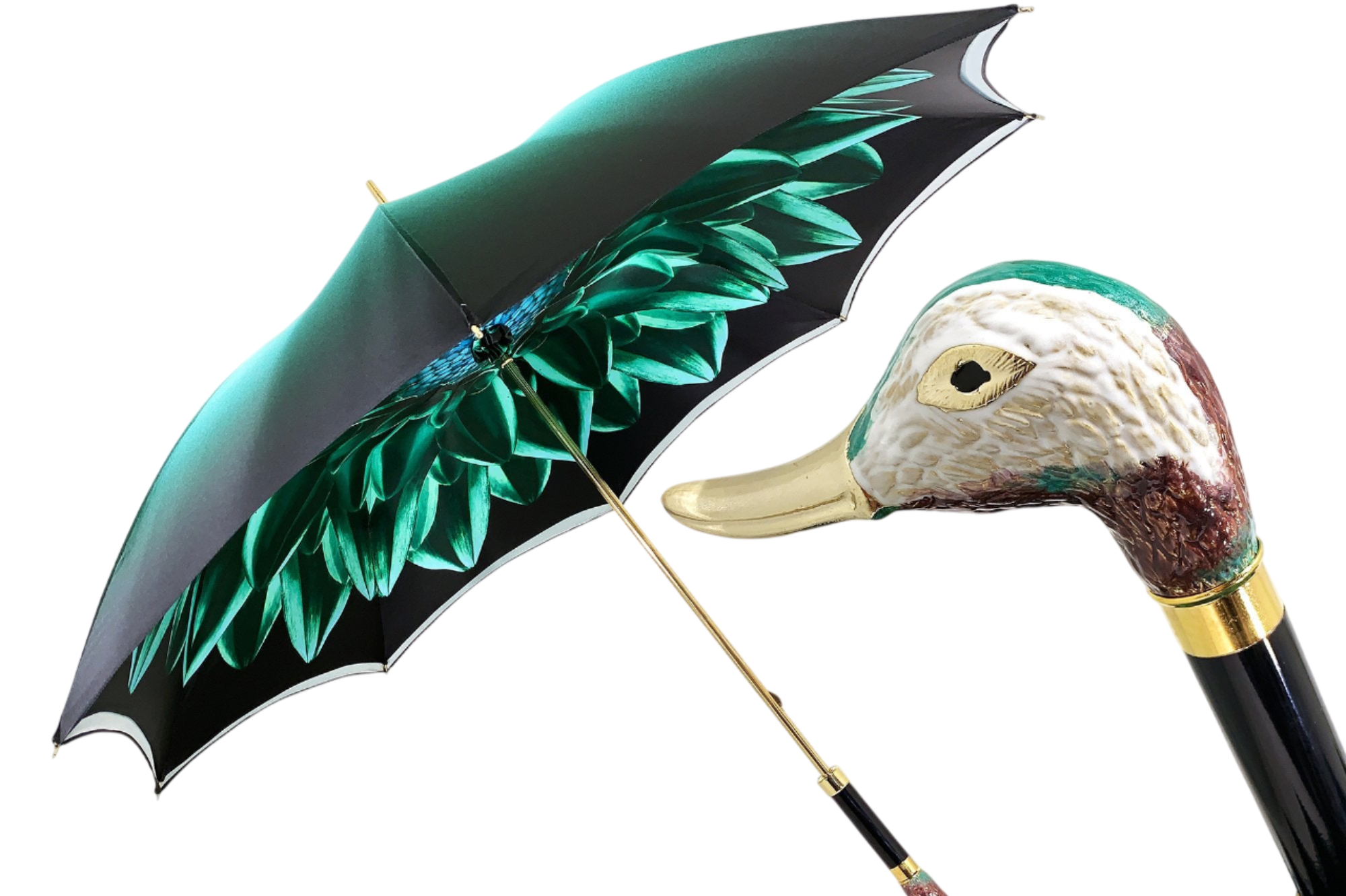 Teal floral double canopy luxury umbrella by Ilmarchesato, showcasing vibrant patterns and elegant design for women.