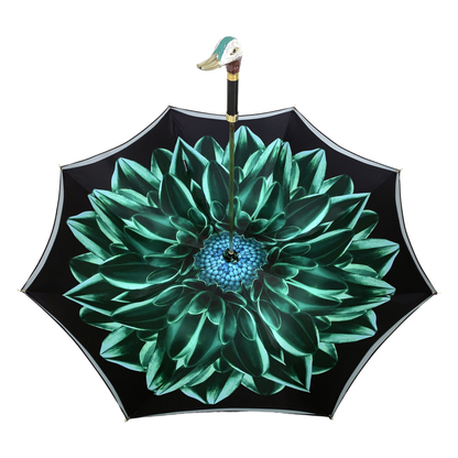 Teal floral double canopy luxury umbrella by Ilmarchesato, showcasing vibrant patterns and elegant design for women.
