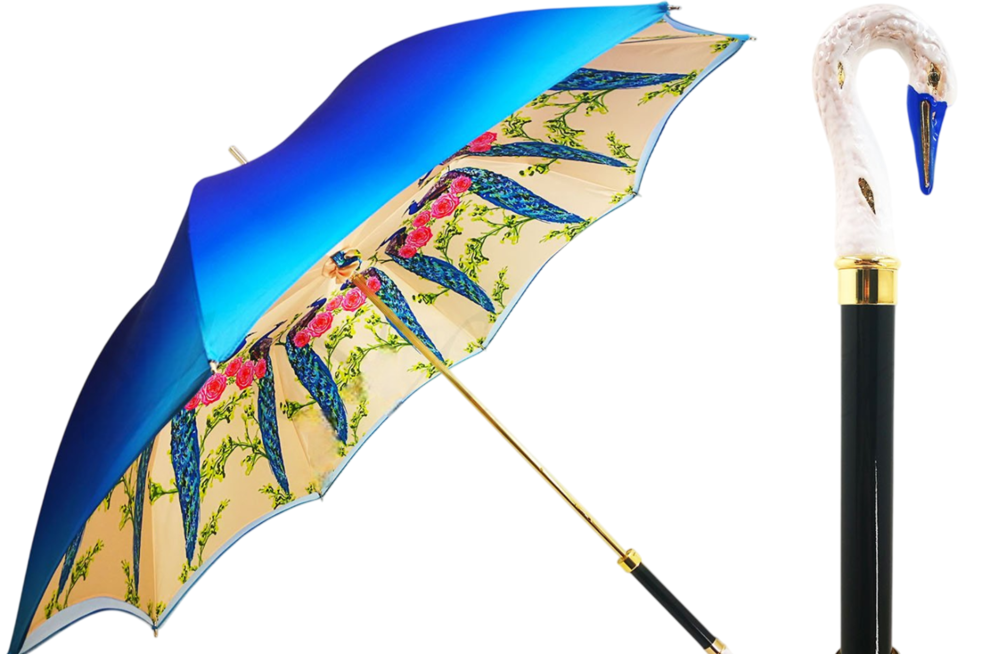 Luxury swan-themed double canopy umbrella for women by Ilmarchesato, showcasing elegant design and sturdy construction.