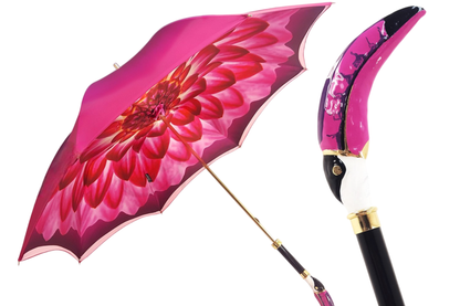 Double canopy Toucan umbrella in luxurious gradient fuchsia by Ilmarchesato, featuring vibrant colors and detailed toucan design.