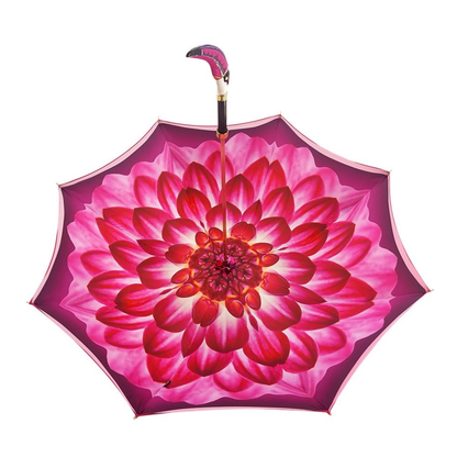 Ilmarchesato double canopy toucan rain umbrella with gradient fuchsia design, featuring a colorful toucan pattern on the canopy.