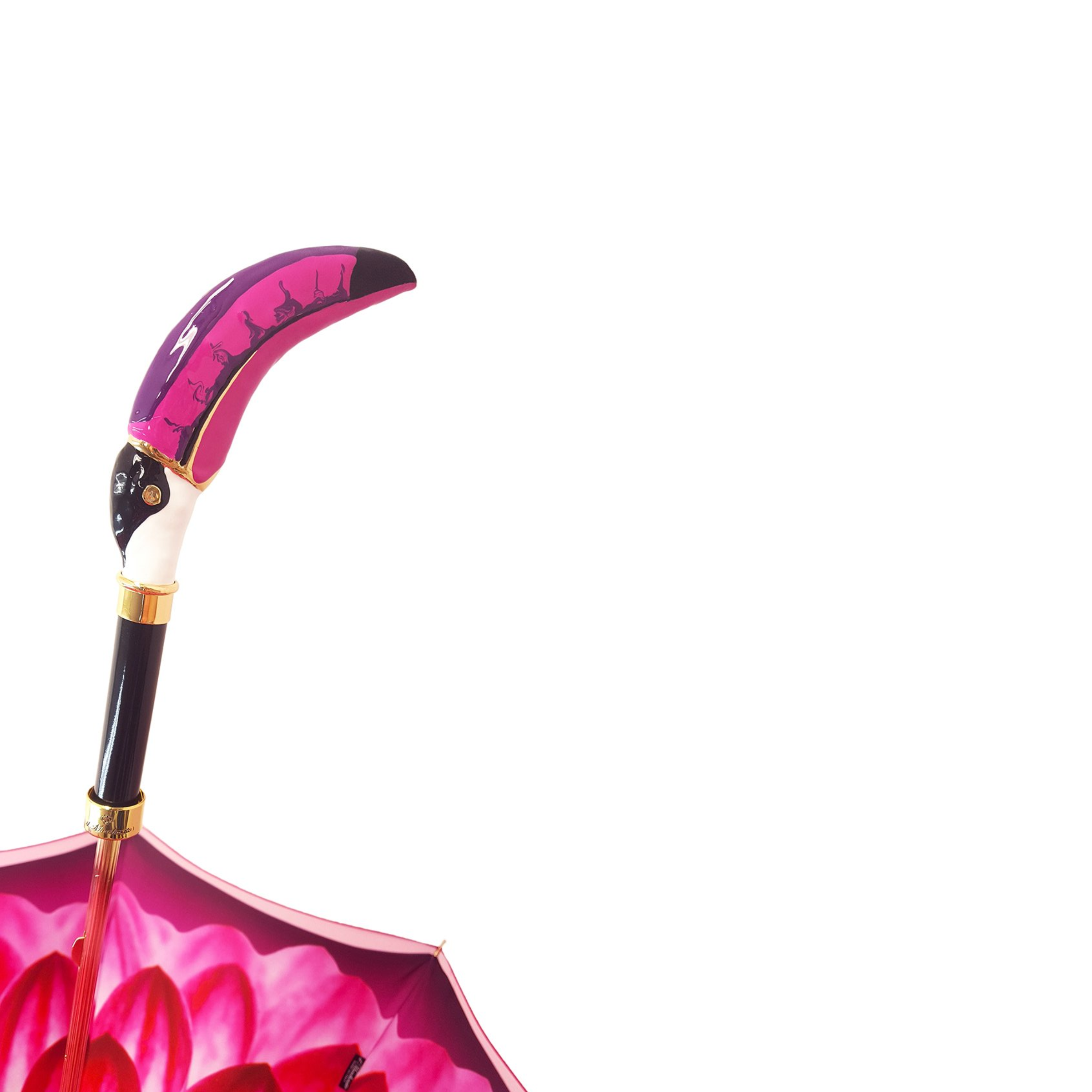 Double canopy Toucan umbrella by Ilmarchesato featuring a luxurious gradient fuchsia rain umbrella with detailed toucan bird design.
