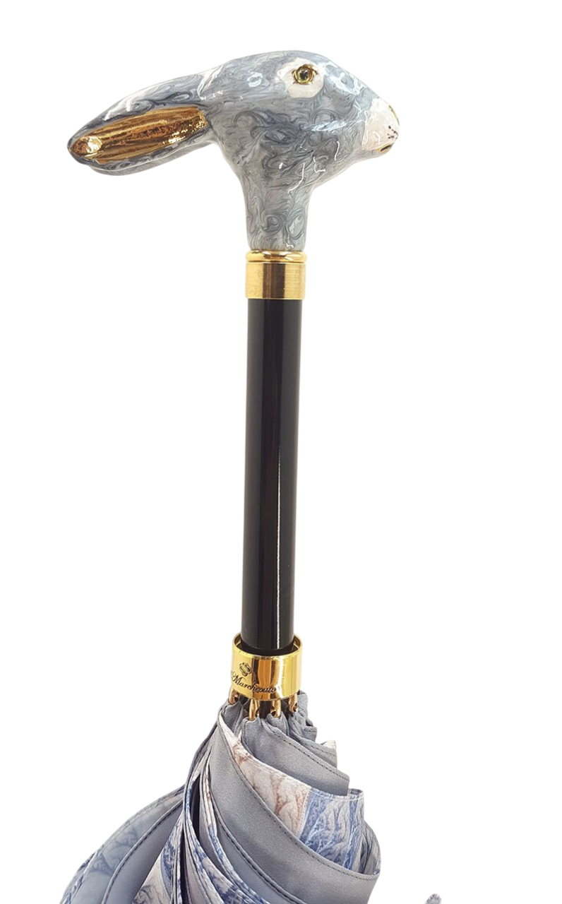 Elegant gradient grey Ilmarchesato rabbit umbrella displayed open, showcasing luxury design and sturdy construction.