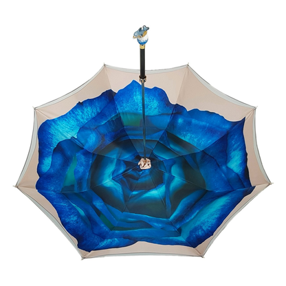 Ilmarchesato dolphin-inspired double canopy umbrella with blue rose interior design, showcasing its unique pattern and structure.