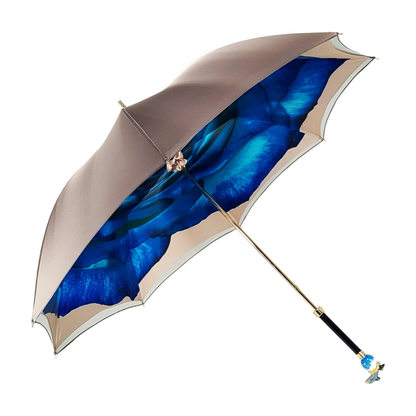 Ilmarchesato dolphin-inspired double canopy umbrella with a blue rose interior design, open against a light background.