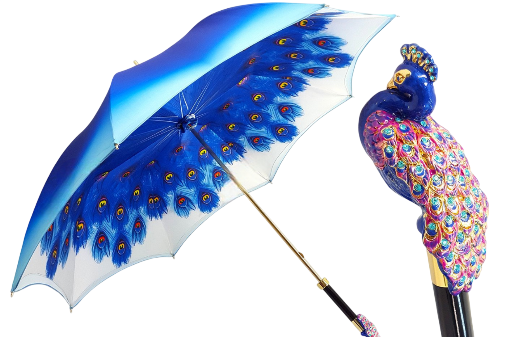 Blue peacock-themed luxury rain umbrella with Swarovski crystal handle by Ilmarchesato, featuring intricate feather design.