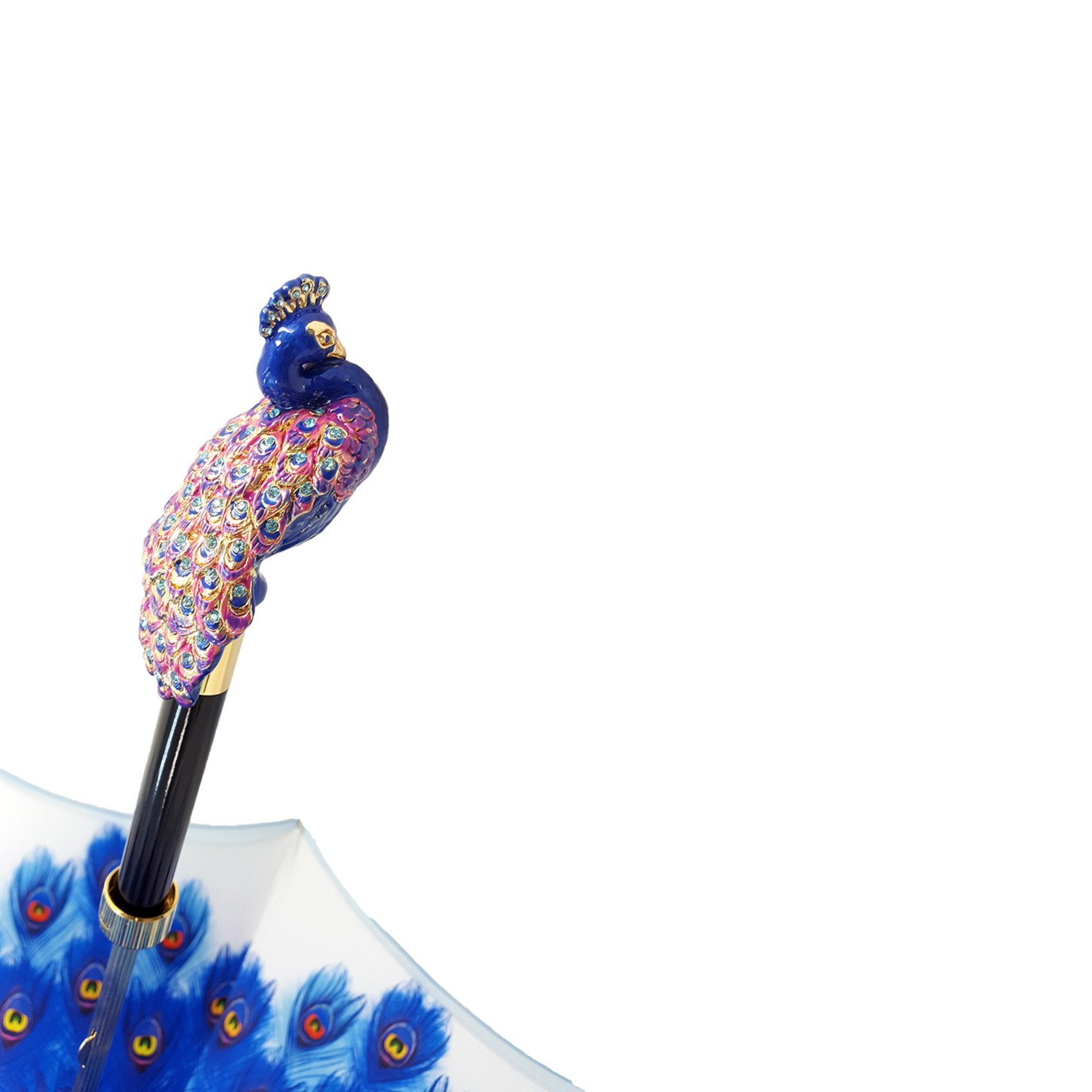 Chic blue peacock luxury rain umbrella by Ilmarchesato with Swarovski crystal handle and ornate design.