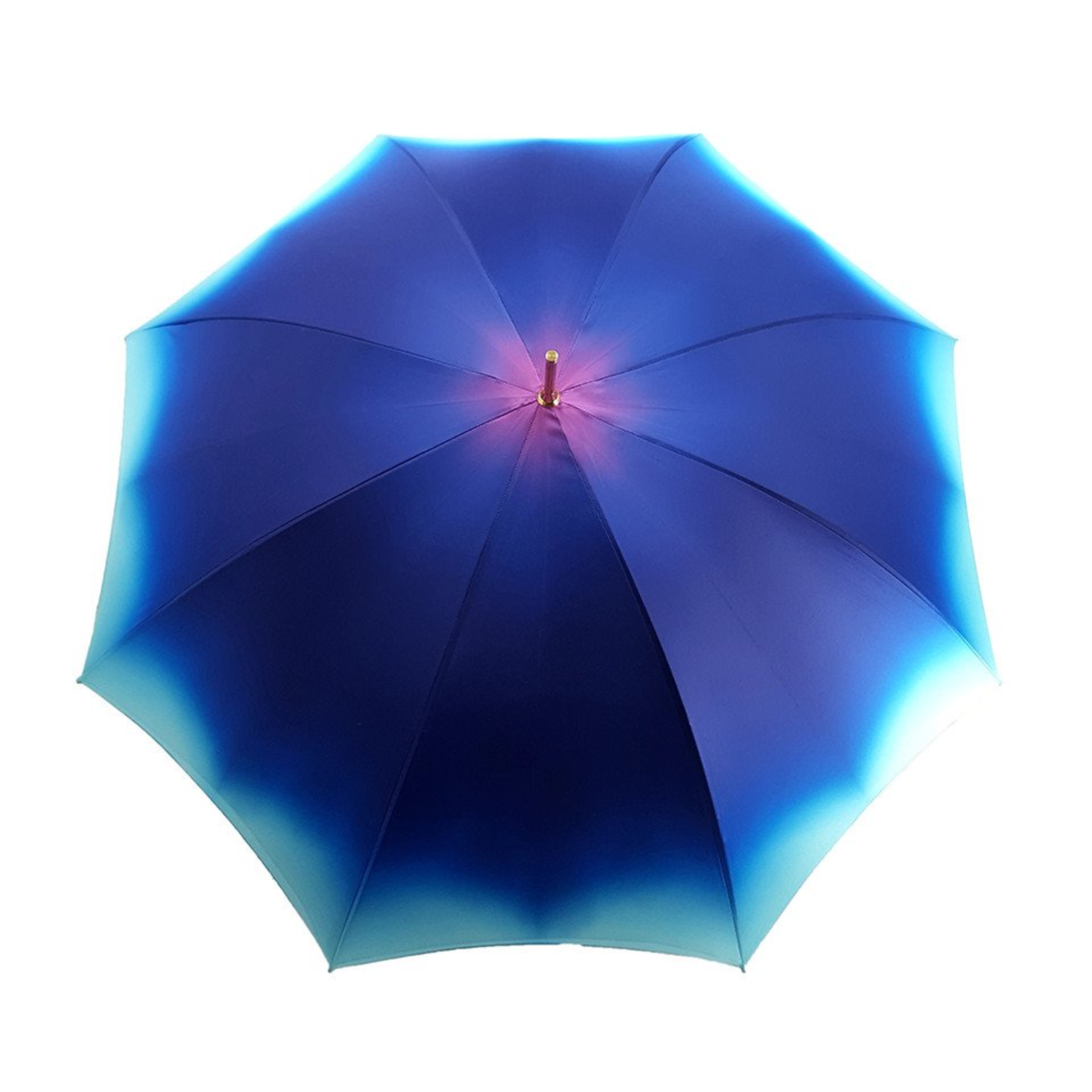 Blue luxury rain umbrella by Ilmarchesato with a Swarovski crystal handle and peacock feather design.