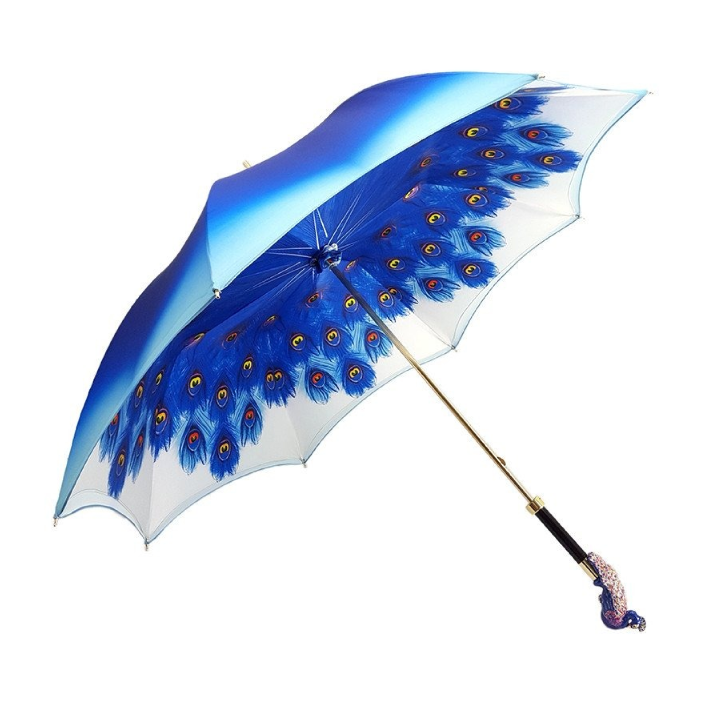 Blue peacock luxury rain umbrella by Ilmarchesato with Swarovski crystal handle, featuring intricate peacock feather design.