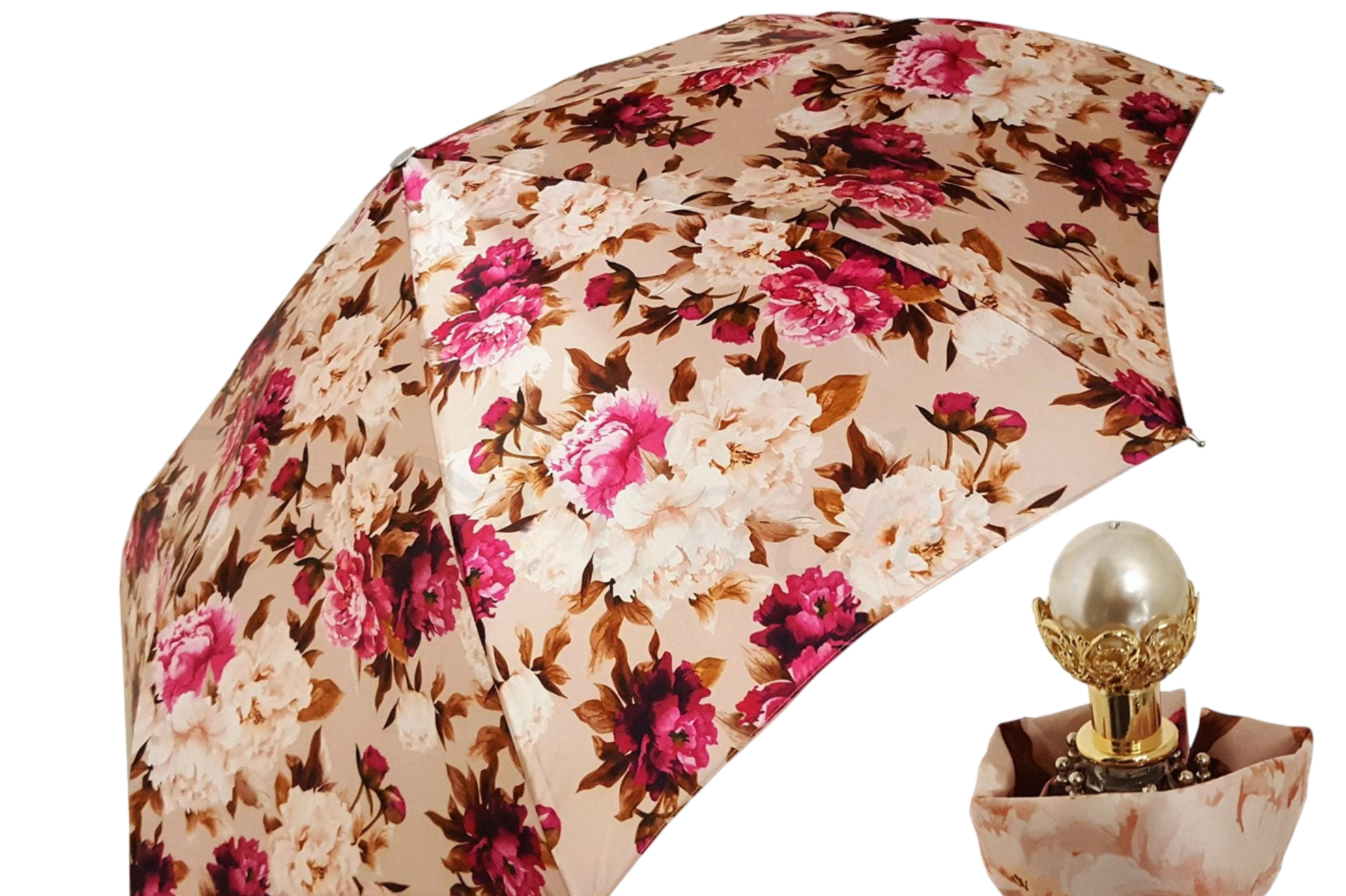 Luxury Floral Folding Umbrella with 24K Gold Pearl Handle