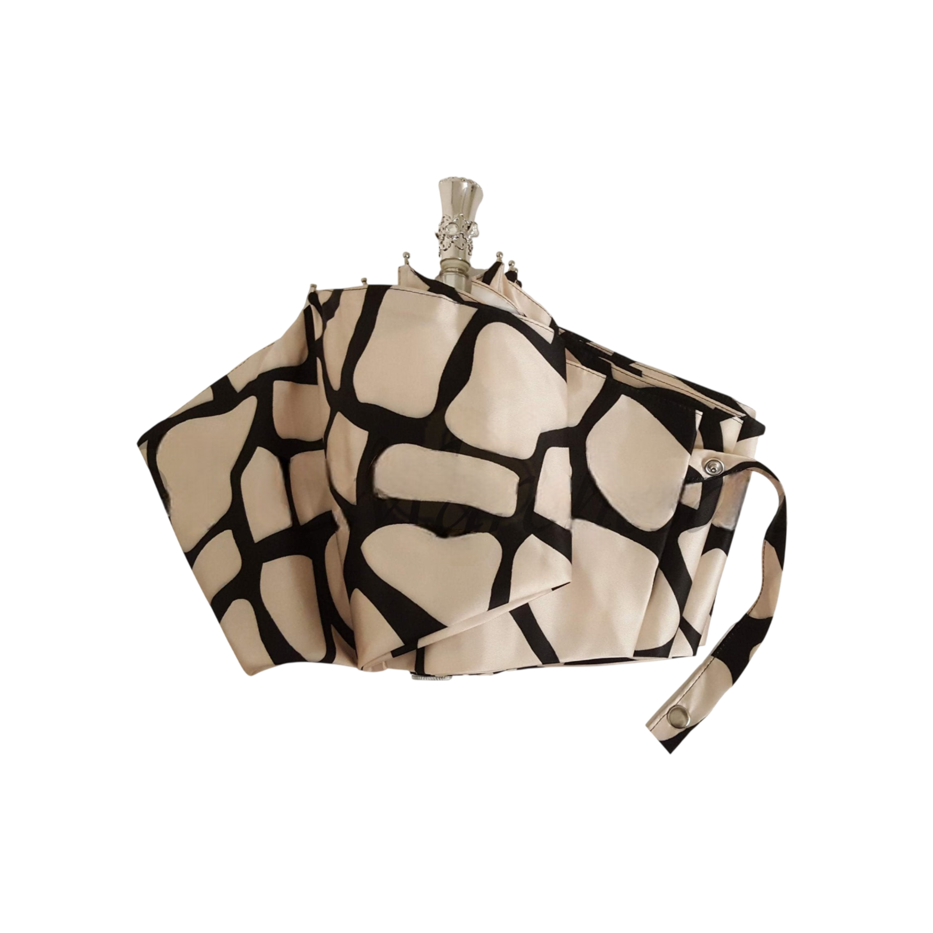 Ilmarchesato designer lightweight black and cream folding umbrella open with a curved handle, showcasing elegant style and compact design.